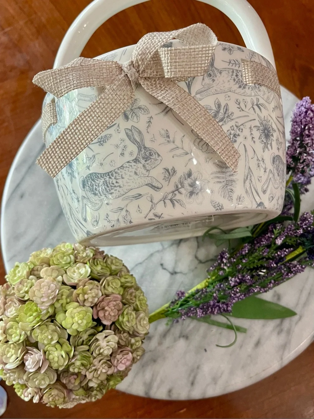 3Pc Vignette Grey Bunny Toile Ceramic Basket w Faux Floral Ball & Lavender Sprig